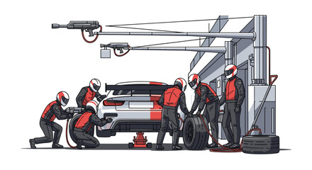 Fototapeta premium Highly coordinated pit crew in red and black uniforms works with speed and precision to service a race car during a pit stop.