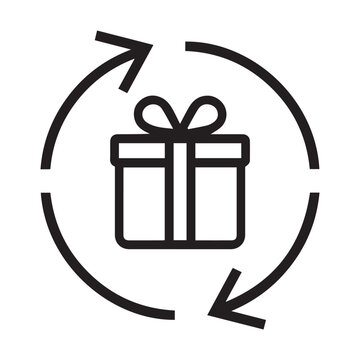 Minimalist black line icon featuring a gift box inside circular arrows, symbolizing easy product returns, gift exchanges, or recurring rewards.
