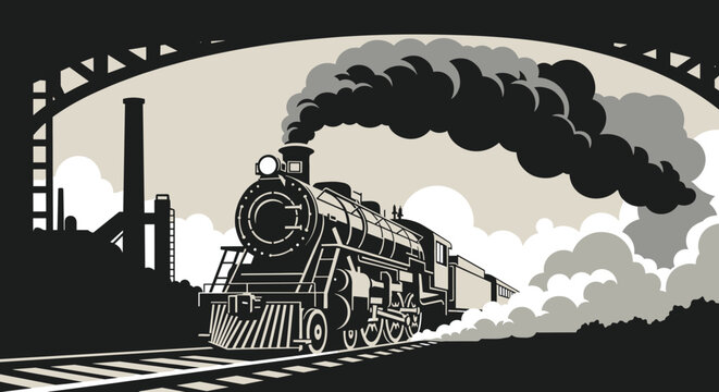 Retro black and white illustration of a powerful steam locomotive train emerging from under a bridge, billowing smoke in a vintage industrial landscape.