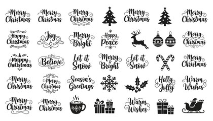 Collection of Christmas and holiday-themed black and white illustrations and typography.