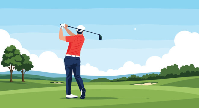 Male golfer in classic attire completes a powerful swing with a driver on a beautiful, sunny golf course, watching the ball fly toward the fairway.