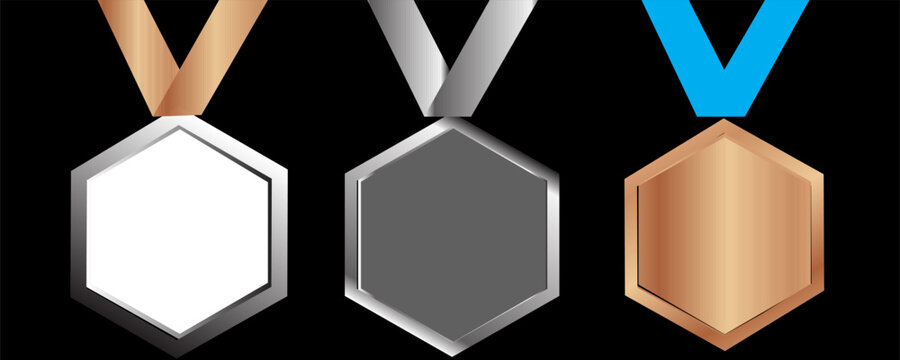 Gold, silver and bronze metal circle frames 3d vector realistic illustration. First, second and third place medals or buttons isolated on white background. Certified. Quality blank, empty badge set.
