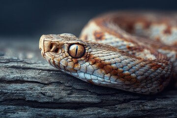 Fototapeta premium Viper resting on a wooden surface showcasing intricate patterns and colors in a natural setting with soft lighting