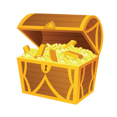 Treasure gold coins. Chest full of shiny royal gold and gemstones. Gold treasure, shiny savings, golden coins isolated on white background. Vector cartoon icon © the8monkey