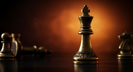 Closeup view of black chess king piece prominently displayed with other chess pieces in dramatic lighting