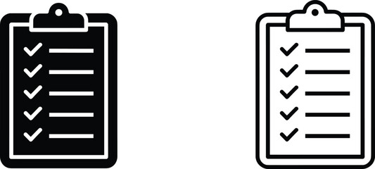 Clipboard checklist icon set with check marks isolated on white background, task management and to do list concept illustration in bold black outline style © Aiub