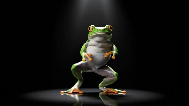 Vibrant green frog performs energetic dance under spotlight on dark stage