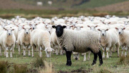 Fototapeta premium Unique black sheep among flock in pastoral landscape.