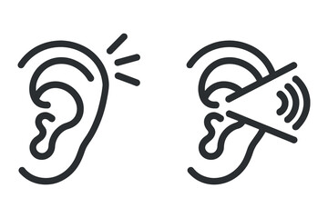 Hearing and Deaf Ear Icons Set - Sound Waves vs Mute Speaker Minimalist Black Line Vector Illustration