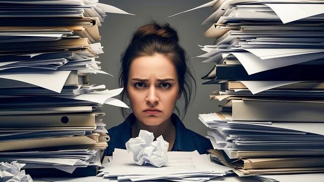 Overwhelmed woman surrounded by stacks of paperwork and documents feeling stressed and frustrated at her desk