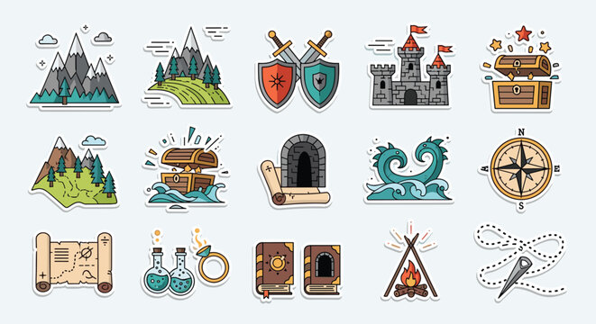 Collection of fantasy adventure and role-playing game sticker icons featuring a castle, treasure map, magic potions, and mythical elements for storytelling.