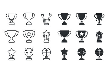 Achievement Trophy Cup Icon Set &ndash; Winner Award Symbols Collection, Solid and Outline Vector