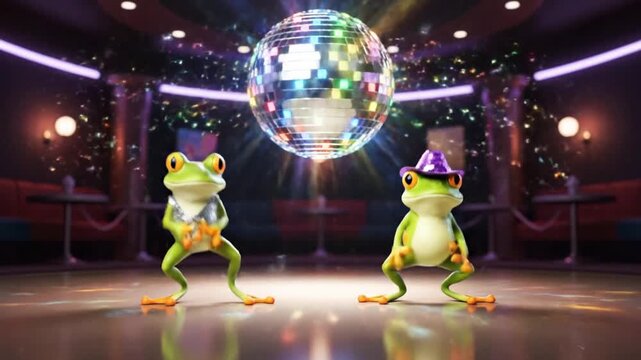 Two frogs dancing together under a disco ball in a brightly lit dance floor surrounded by a dark room with spotlights