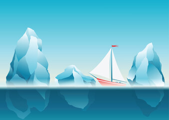 Yacht sailing between icebergs in ocean, cruise trip around rocks in sea, vector illustration. Modern luxury yacht in dangerous environment, sea navigation in arctic sea. Boat travel to ocean iceberg © the8monkey