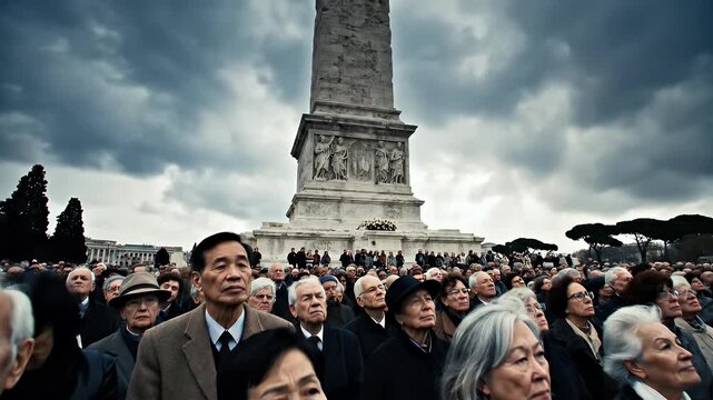 Diverse crowd gathers solemnly before grand monument under dramatic sky