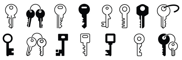 Key Icon Set. Vintage Old Key Silhouette, House Key, Access and Security Symbols for Password Protection and Lock Concept Design.
