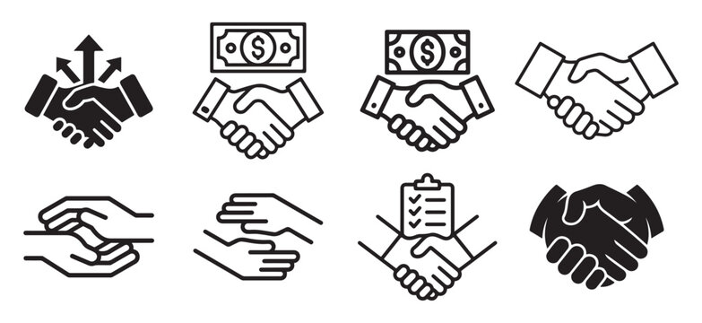 Business agreement handshake icon set with money and contract document. vector illustration eps 10