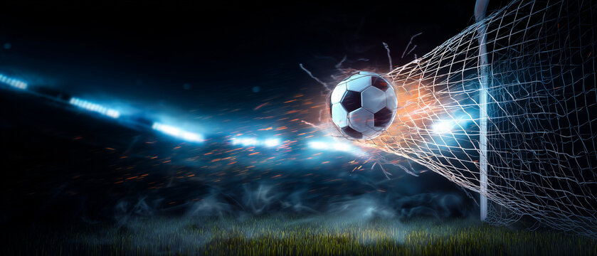 Cena conceitual de futebol com bola na rede, simbolizando gol marcado, desempenho esportivo, triunfo, disputa e celebra&ccedil;&atilde;o