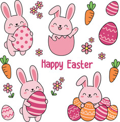 Obraz premium Cute Easter bunnies holding eggs with flowers and happy greeting illustration