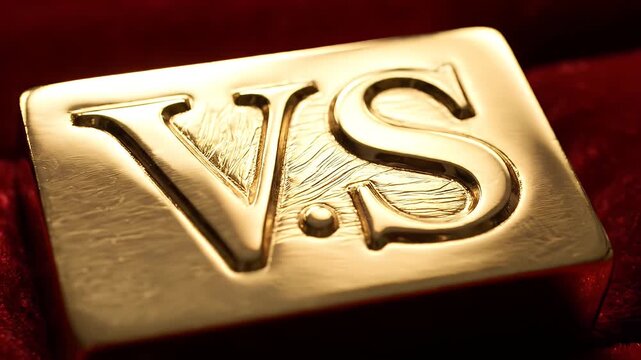 Close up of gold VS emblem against red textured velvet