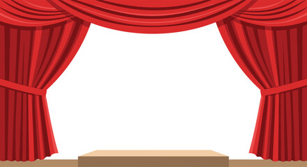 A theatrical stage with red curtains draped at the top and sides features a brown wooden floor and a white opening.