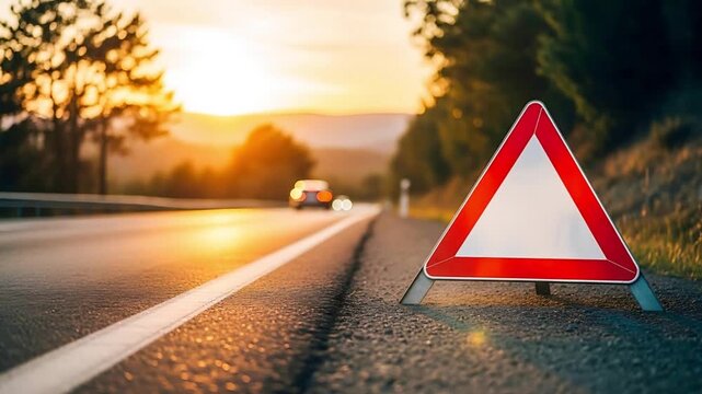 Warning Triangle on Highway Road with Passing Car at Sunset