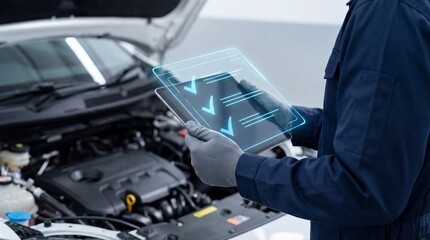 Repairman holding futuristic tablet. Man conducting car diagnostic analysis. Vehicle service and maintenance concept.