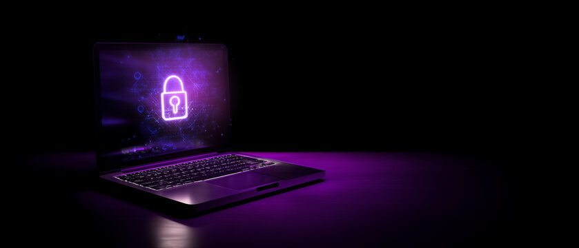 Notebook com cadeado digital representa seguran&ccedil;a cibern&eacute;tica, prote&ccedil;&atilde;o de dados e privacidade online.