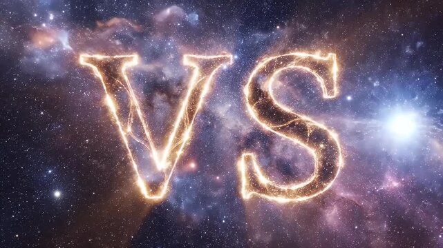 Fiery "VS" letters glowing brightly against a vibrant nebula and star field background