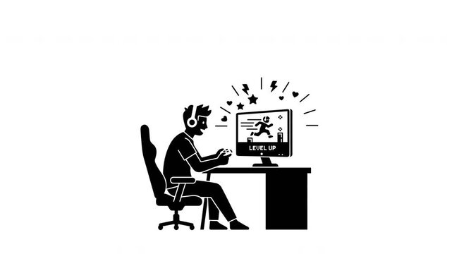 Gamer Level Up Success Playing Video Game on Computer Silhouette Animation