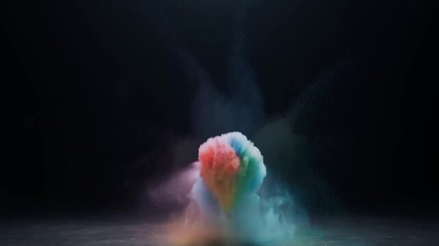 fumo multicolore che cade verso il basso e allo stesso tempo esplode come fuochi d'artificio in varie direzioni, liberando bolle trasparenti, in un ambiente scuro