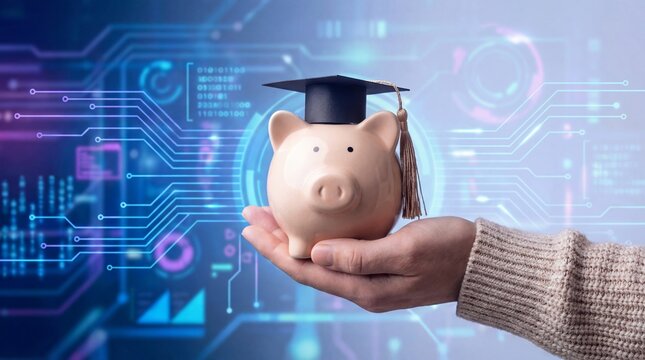 Man hand holding a piggy bank with graduation cap. Education savings and college fund concept for future scholarship.