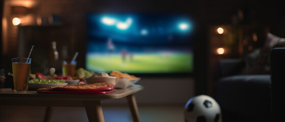 Fototapeta premium Soccer match on TV with snacks and drinks on a table, representing game night, sports fans, home entertainment, celebration and football viewing party.