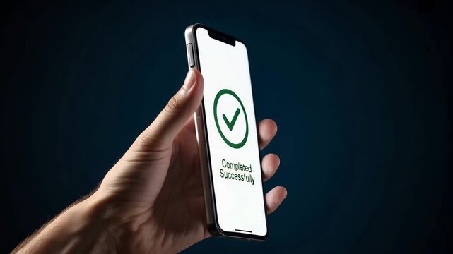 Smartphone Success: A close-up view of a hand holding a smartphone, its screen displaying a green checkmark, symbolizing completion or success, against a clean backdrop. 