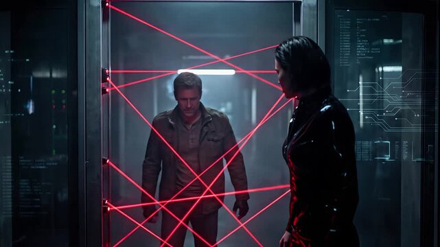 Man gesturing towards red laser beams symbolizing boundaries for a woman in a dark, high-tech setting. Relationship psychology and setting personal limits
