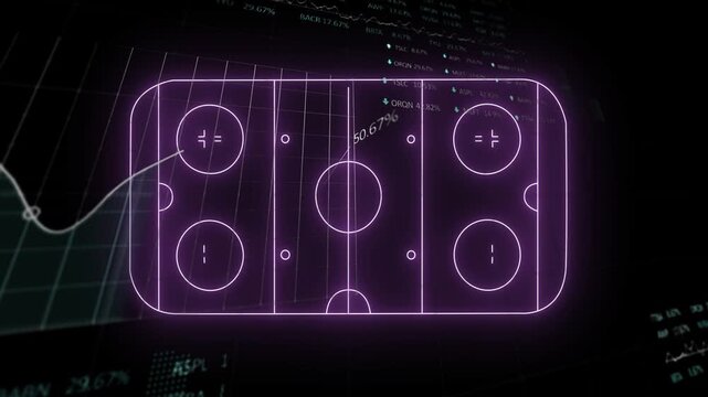 Black frame cutting to glowing magenta rink appearing, tracing lines, revealing financial charts