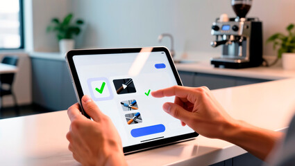 Tablet displaying digital checklist with pipe fitting images in kitchen.