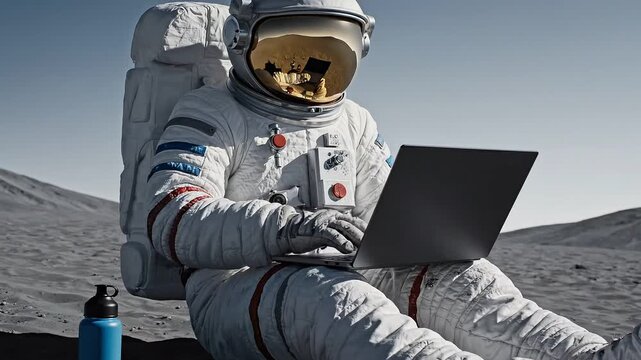 Astronaut on moon working on laptop computer outdoors in space suit