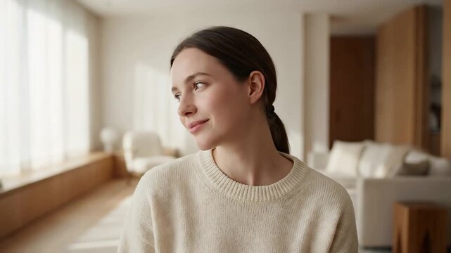 Caucasian woman looking at camera in minimalist living room. Natural beauty and authentic lifestyle with copy space