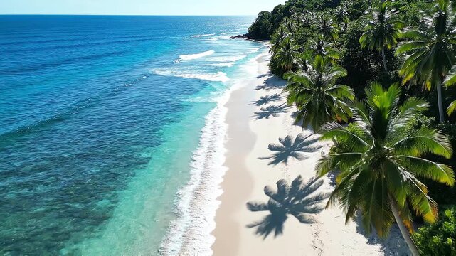 Slow motion aerial shot of a white sand beach from above. Emerald blue waves with white foam crashing on the shore near palm trees. Realistic tropical island paradise in a sunny day.