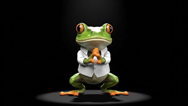 A vibrant green frog performs a lively frog dance wearing a miniature top hat on a dark stage