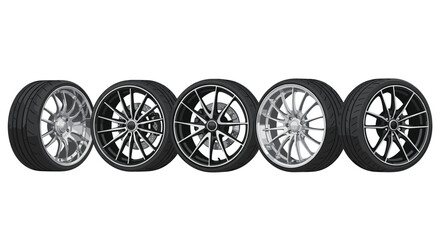 Fototapeta premium Five distinct automotive alloy wheels with black tires are positioned in a horizontal line against a white background showing various spoke designs.