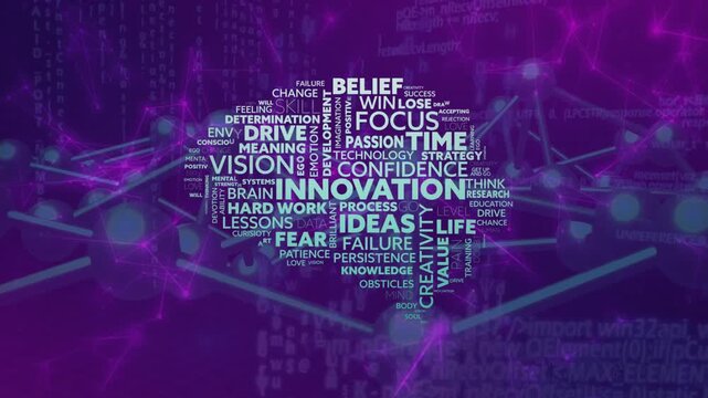 Magenta strands pulsing pulling camera to core while word cloud forming showing ideas pulling back