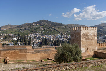 View Torre de Muhammad, Nasrid Palaces, 13th century Alcazaba fortress of Alhambra, Granada, Spain, Andalusia