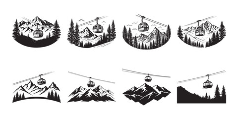 Obraz premium Black silhouette ski lift icons set, cable car gondola over snowy mountain peaks with pine forest, winter ski resort aerial ropeway illustrations, adventure vacation travel vector clipart bundle