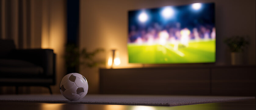 Bola em sala com jogo na televis&atilde;o representa transmiss&atilde;o esportiva, lazer em casa, torcida, entretenimento e paix&atilde;o pelo futebol