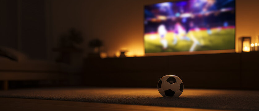 Cena dom&eacute;stica com bola e partida na TV simboliza torcida em casa, entretenimento esportivo, transmiss&atilde;o de futebol e momento de lazer