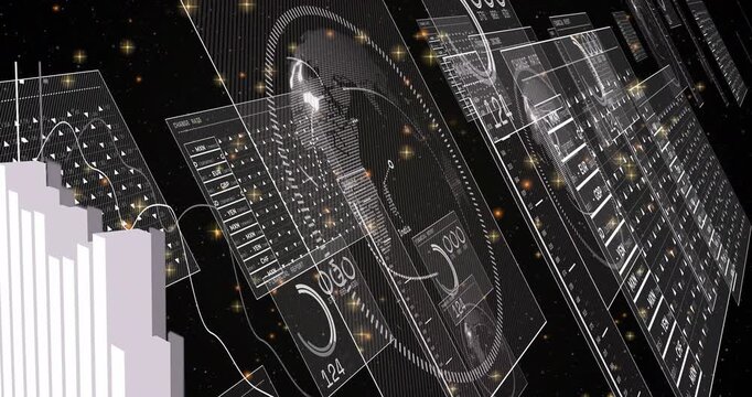 Cam dolly moving holo panels and ringed globe sliding waveform connecting bars rising showing data