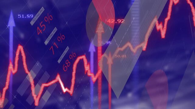 On data update red jagged line chart redrawing, pulsing, arrows and bars rising to highlight trend