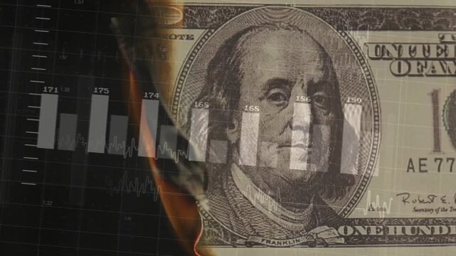 Left-edge flame igniting one-hundred US dollar banknote, burning and curling, revealing bar charts